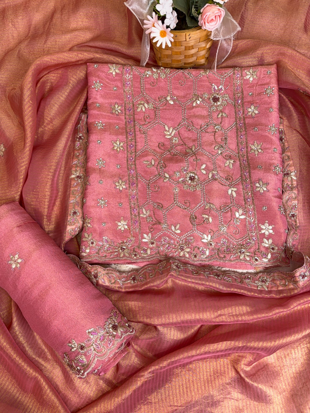 Exquisite Peachy Pink Crepe Tissue Suit with Sequins, Gota Patti and Dabka Work