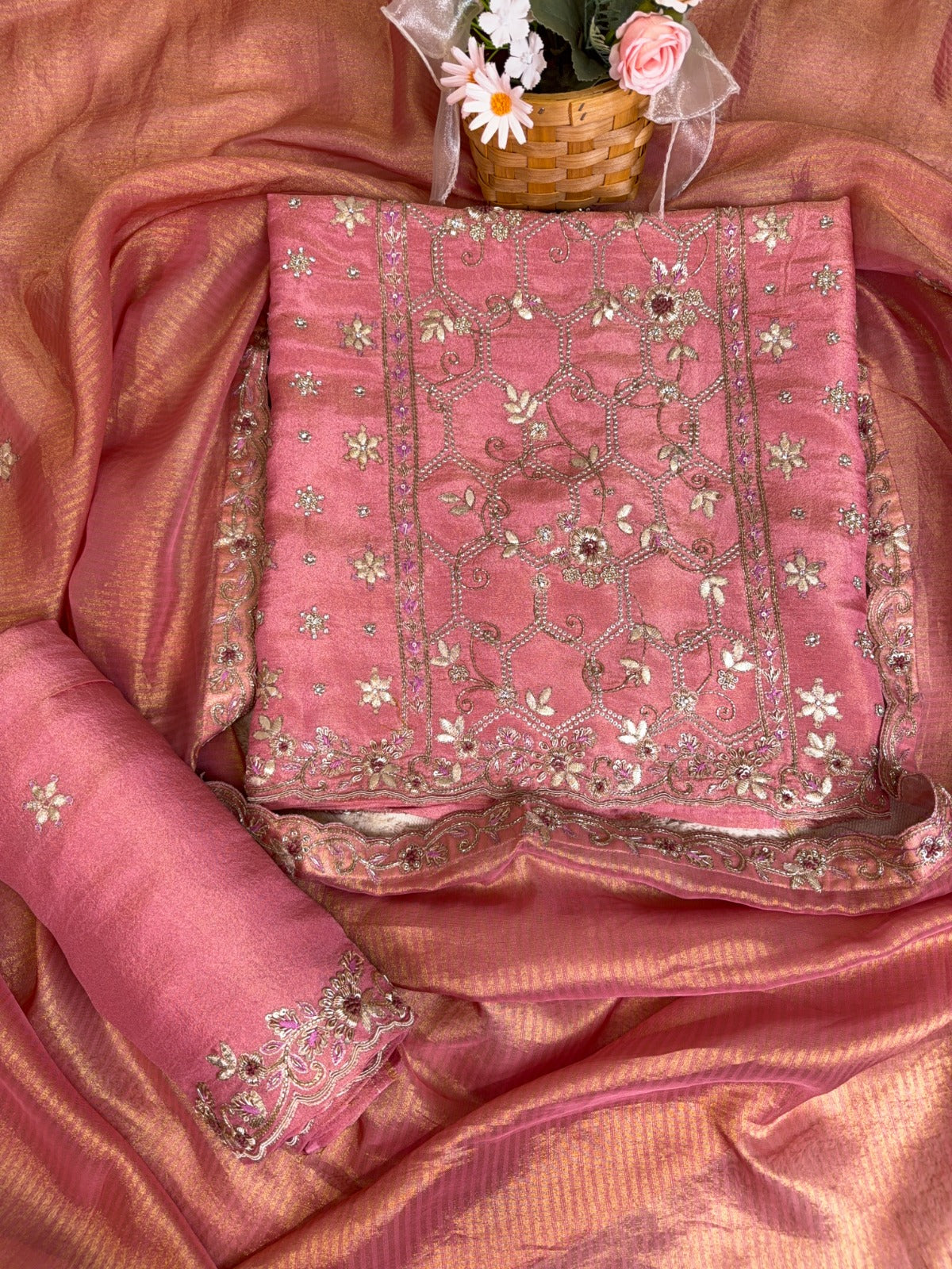 Exquisite Peachy Pink Crepe Tissue Suit with Sequins, Gota Patti and Dabka Work