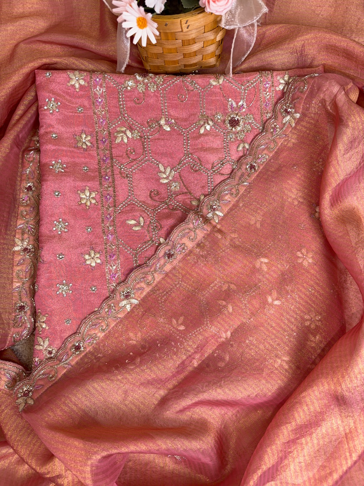 Exquisite Peachy Pink Crepe Tissue Suit with Sequins, Gota Patti and Dabka Work
