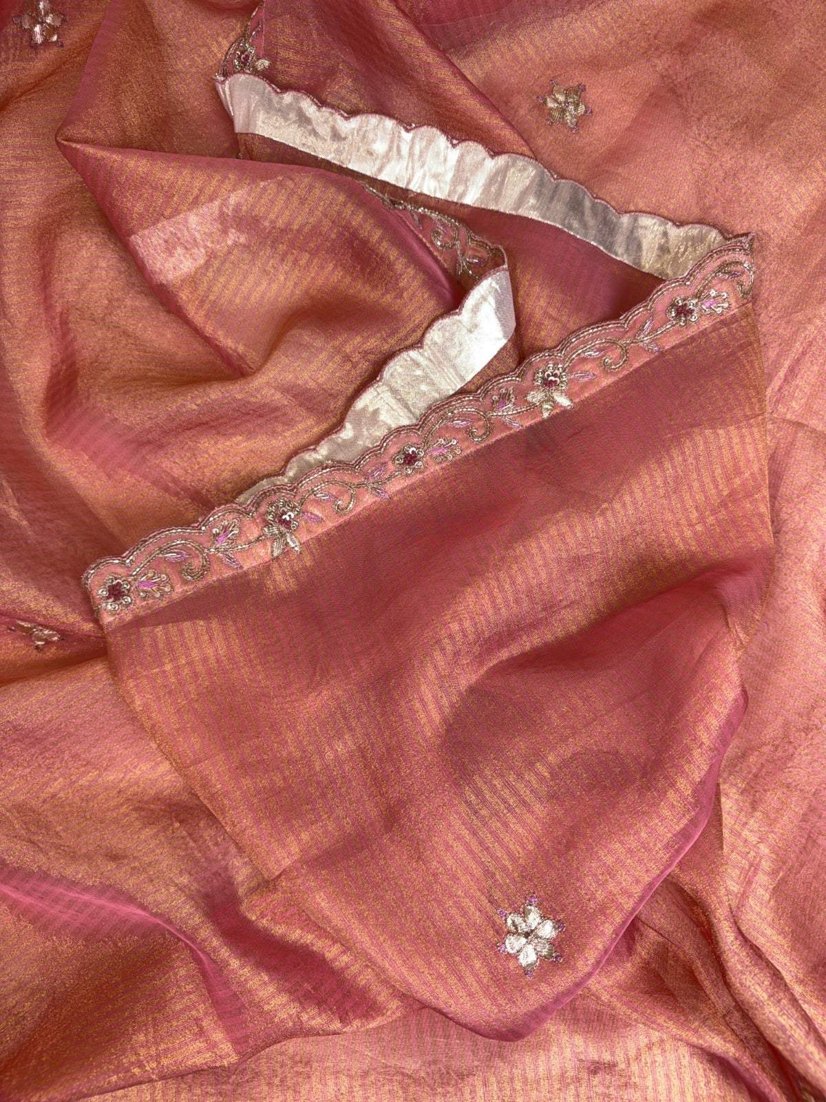 Exquisite Peachy Pink Crepe Tissue Suit with Sequins, Gota Patti and Dabka Work