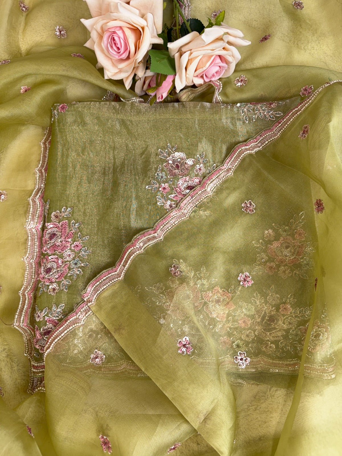 Refined Dusty Olive Organza Tissue Suit with Delicate Pearl Work