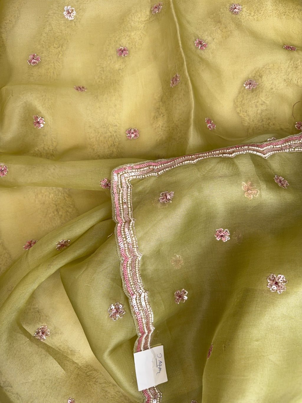 Refined Dusty Olive Organza Tissue Suit with Delicate Pearl Work