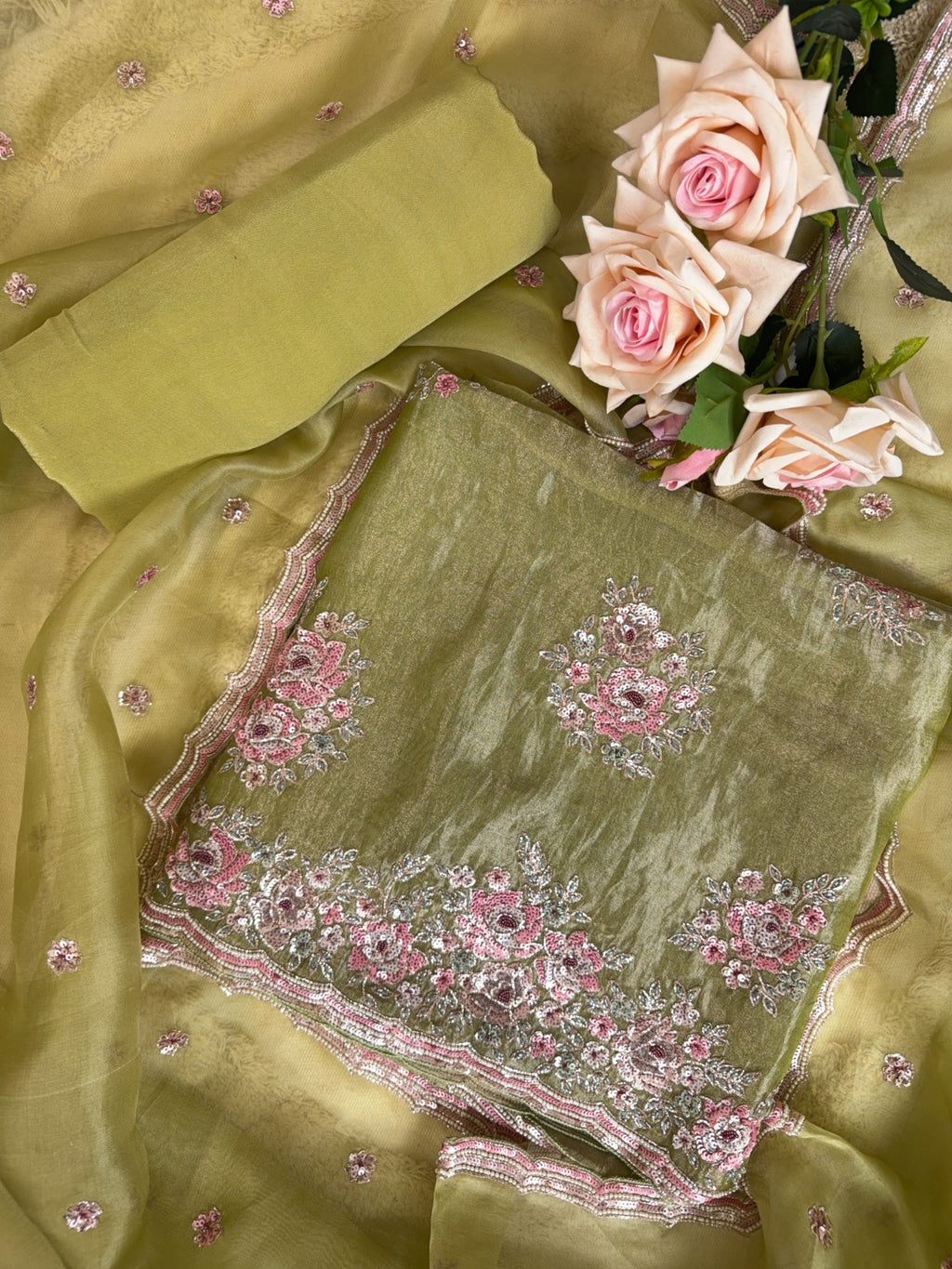 Refined Dusty Olive Organza Tissue Suit with Delicate Pearl Work