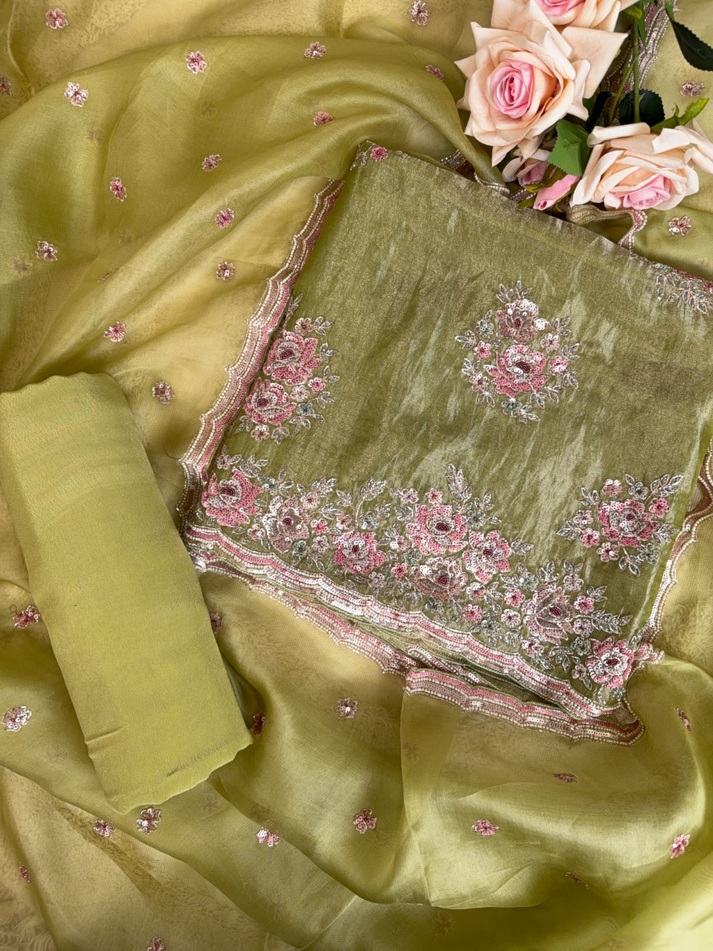 Refined Dusty Olive Organza Tissue Suit with Delicate Pearl Work