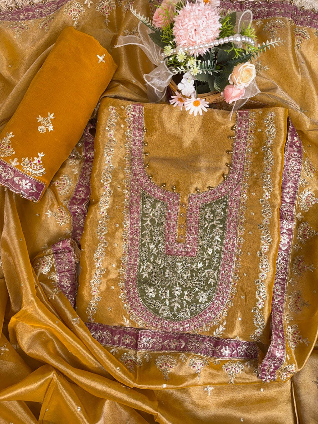 Elegant Mustard Crepe Tissue Suit with Pitta, Kutki Dabka and Contrast Patchwork Dupatta
