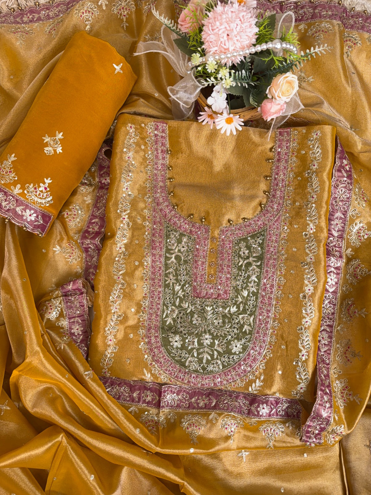 Elegant Mustard Crepe Tissue Suit with Pitta, Kutki Dabka and Contrast Patchwork Dupatta