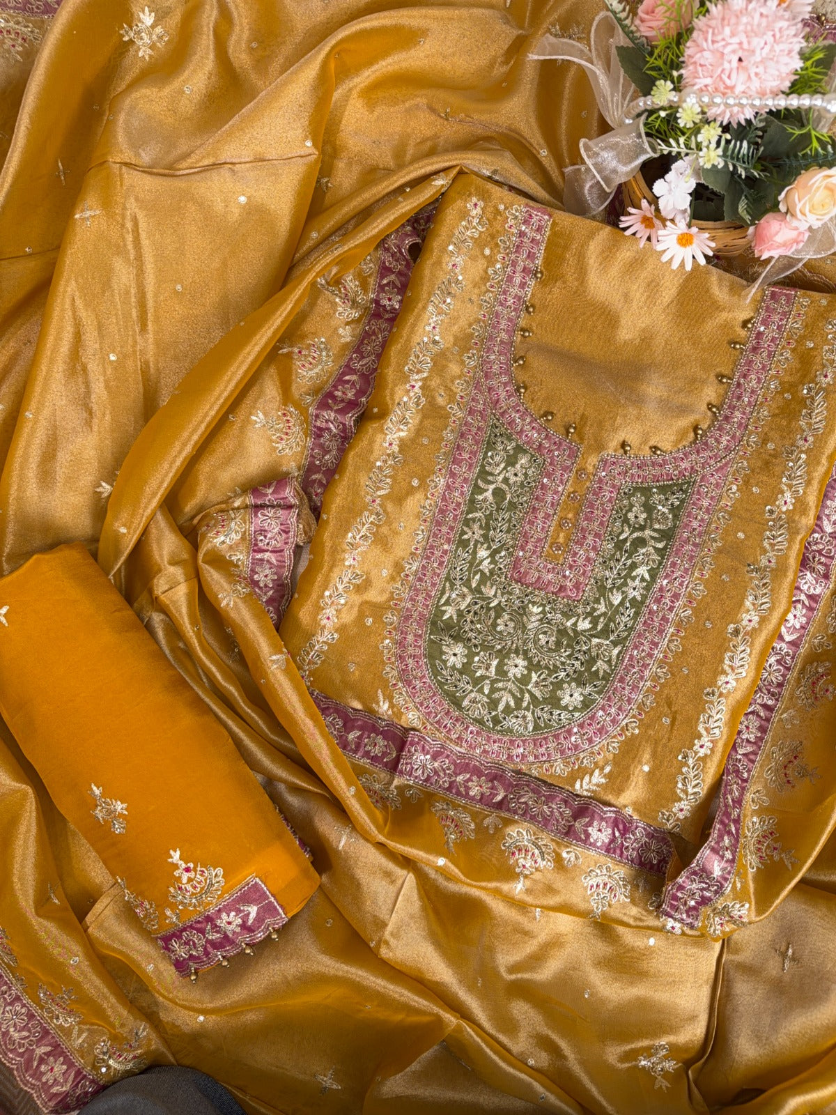 Elegant Mustard Crepe Tissue Suit with Pitta, Kutki Dabka and Contrast Patchwork Dupatta