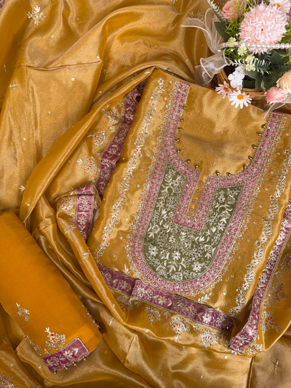 Elegant Mustard Crepe Tissue Suit with Pitta, Kutki Dabka and Contrast Patchwork Dupatta