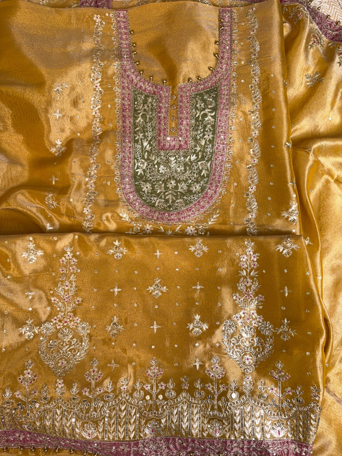 Elegant Mustard Crepe Tissue Suit with Pitta, Kutki Dabka and Contrast Patchwork Dupatta