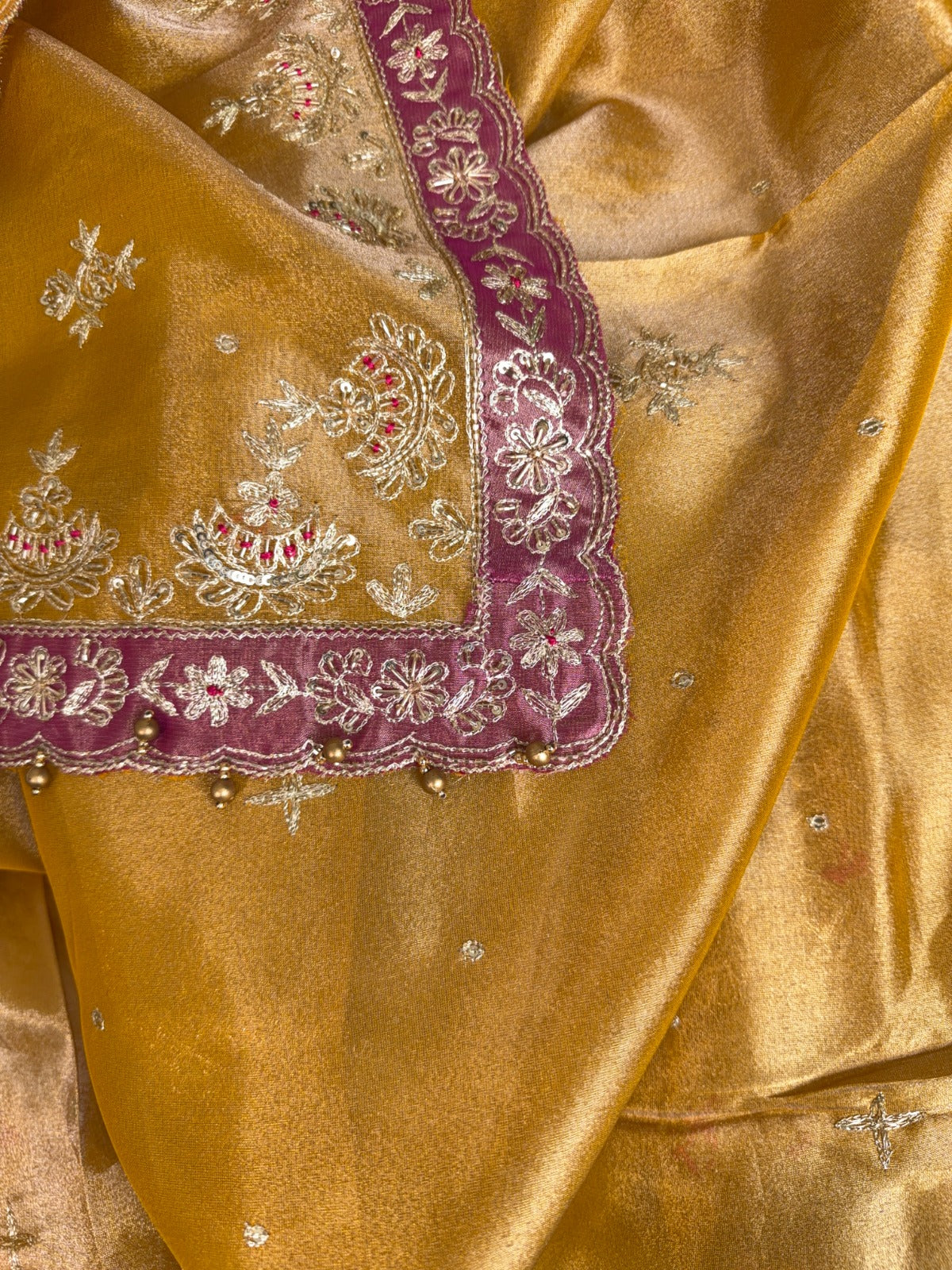 Elegant Mustard Crepe Tissue Suit with Pitta, Kutki Dabka and Contrast Patchwork Dupatta