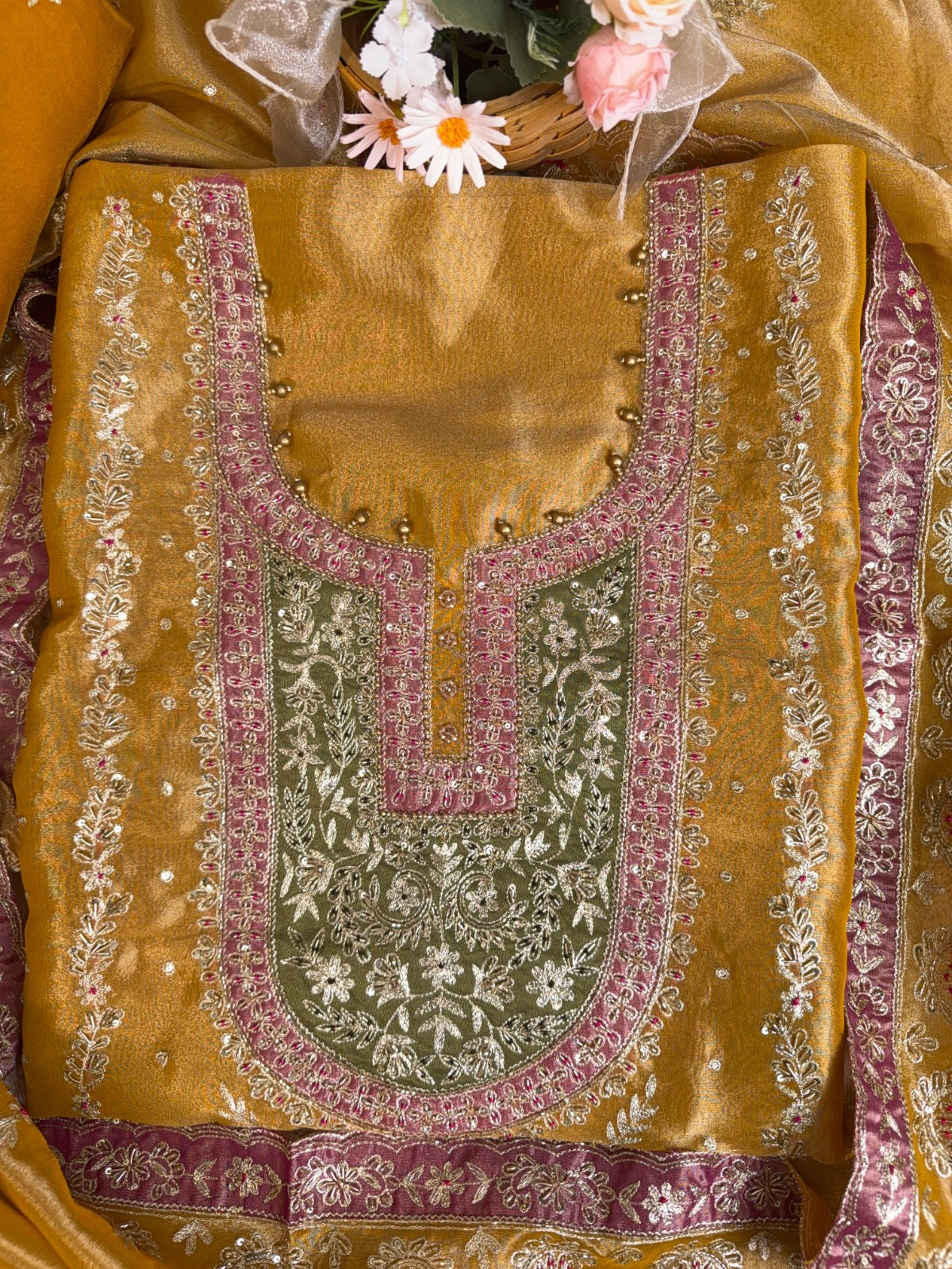 Elegant Mustard Crepe Tissue Suit with Pitta, Kutki Dabka and Contrast Patchwork Dupatta