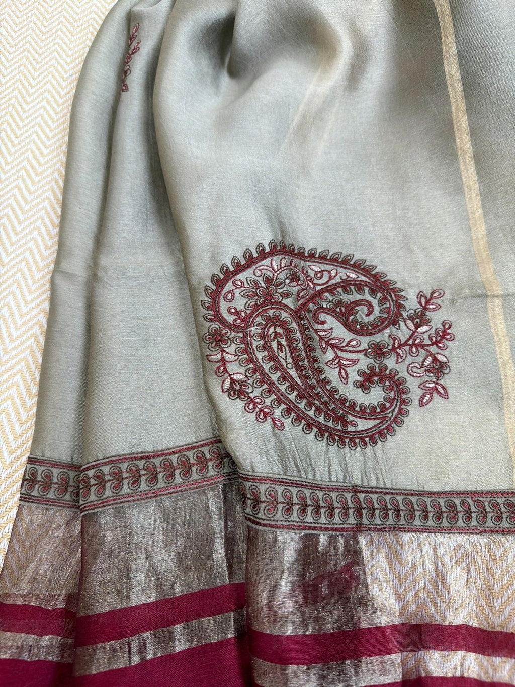 Elegant Maroon Designer Suit with Resham Embroidery and Olive Handloom Silk Dupatta