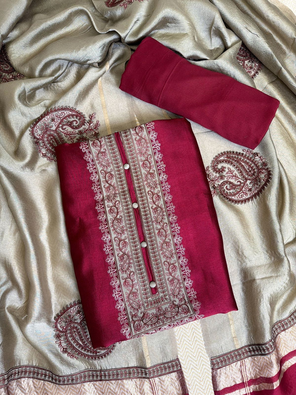 Elegant Maroon Designer Suit with Resham Embroidery and Olive Handloom Silk Dupatta