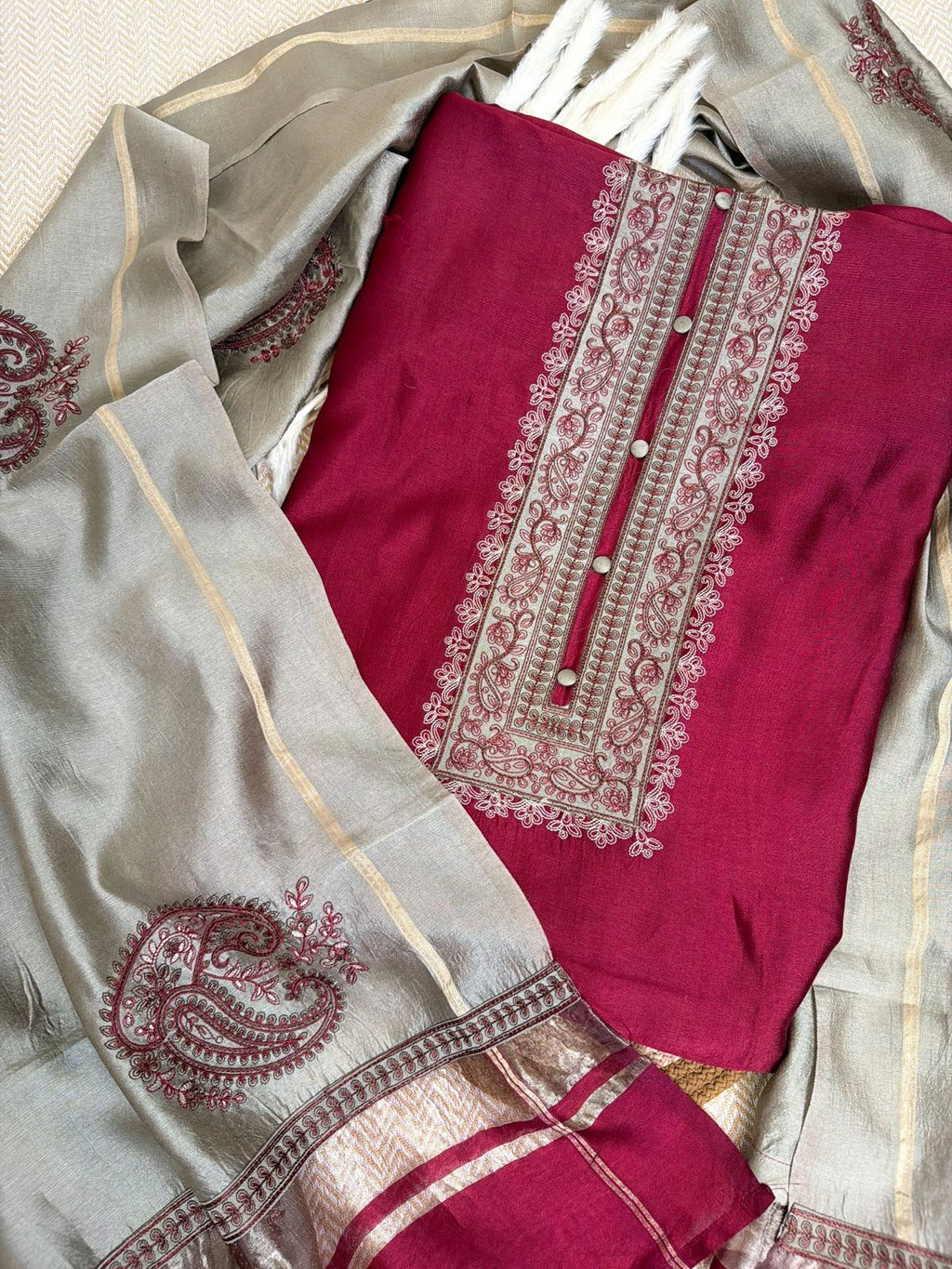 Elegant Maroon Designer Suit with Resham Embroidery and Olive Handloom Silk Dupatta