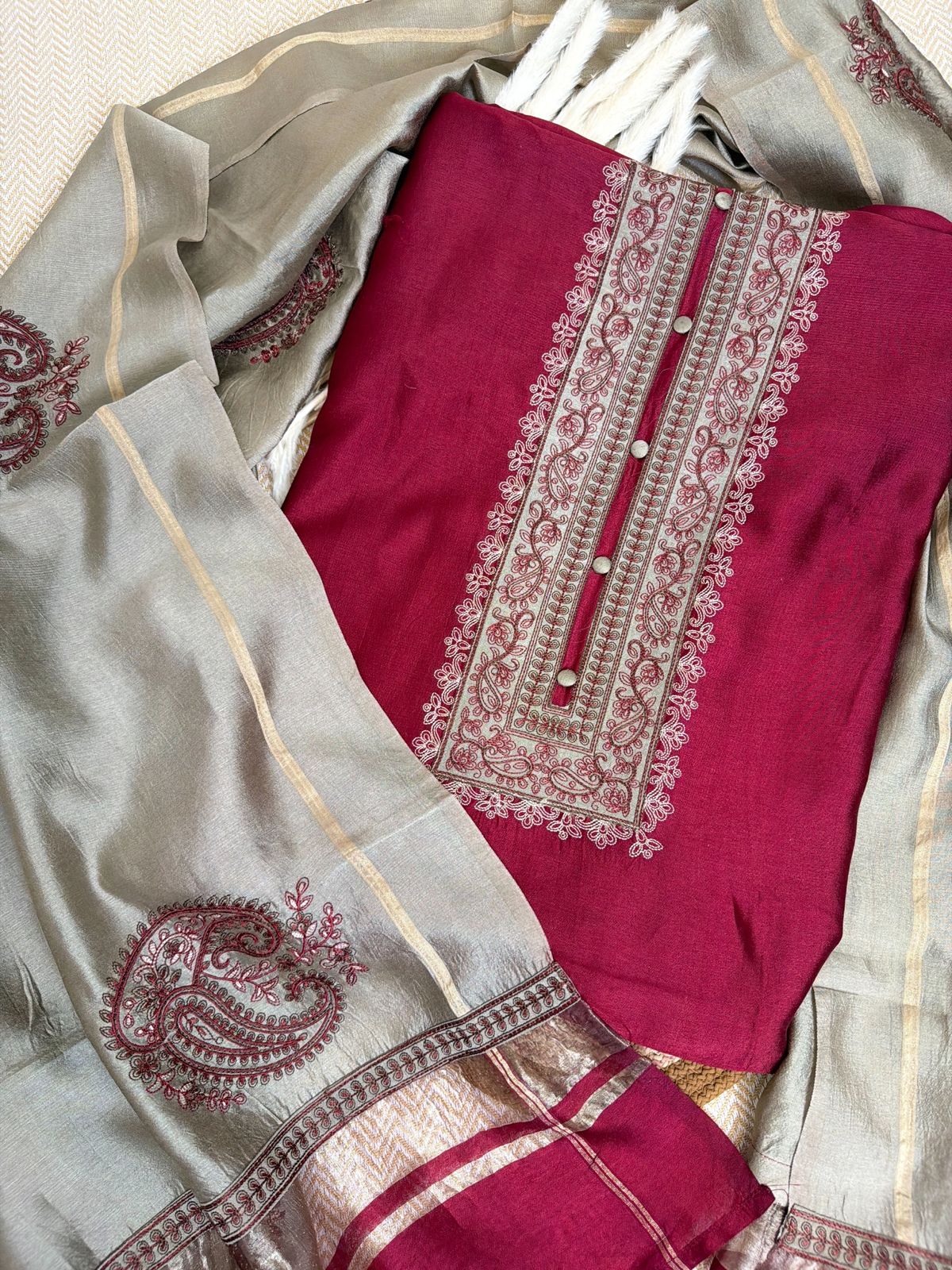 Elegant Maroon Designer Suit with Resham Embroidery and Olive Handloom Silk Dupatta