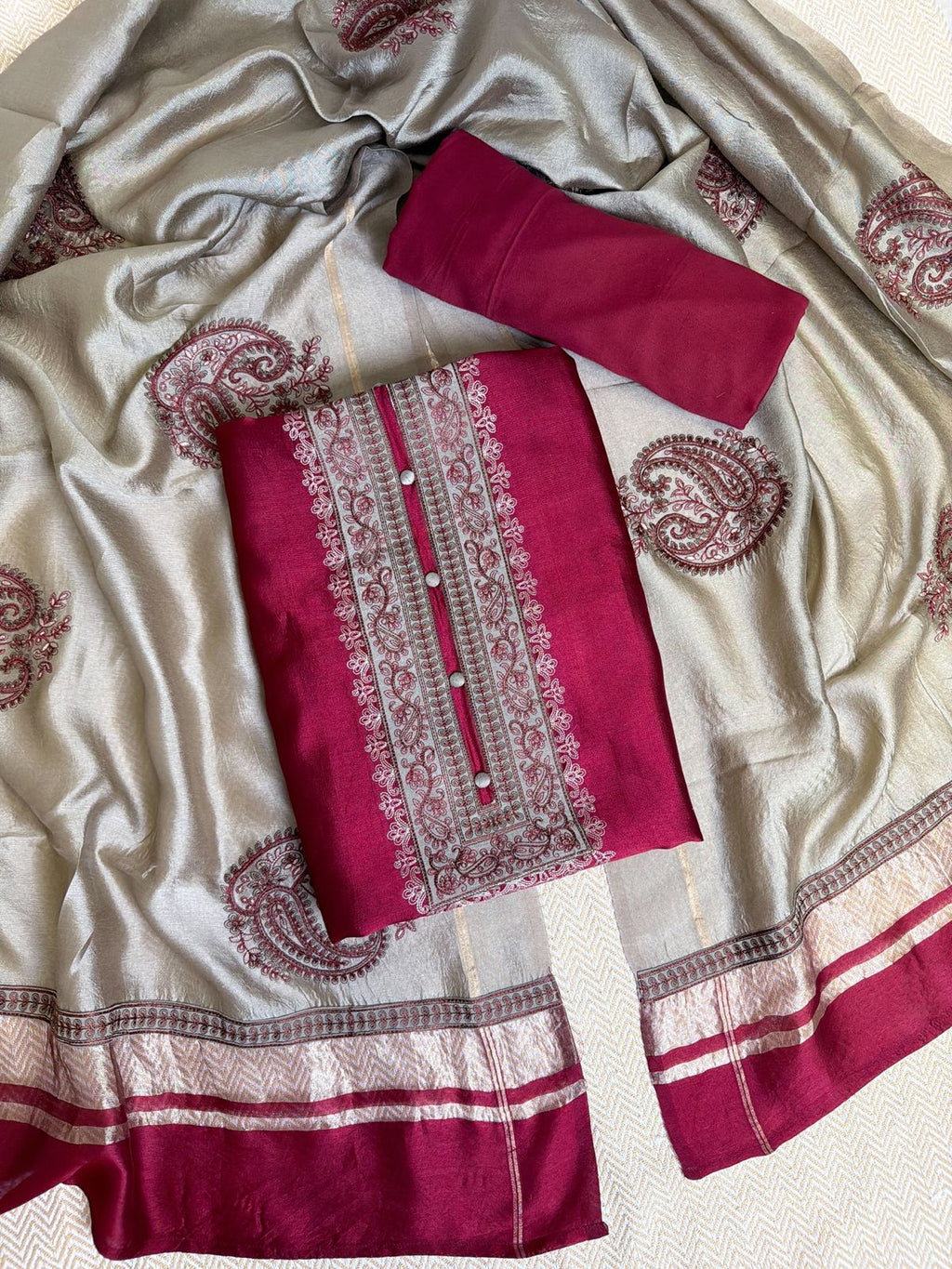 Elegant Maroon Designer Suit with Resham Embroidery and Olive Handloom Silk Dupatta