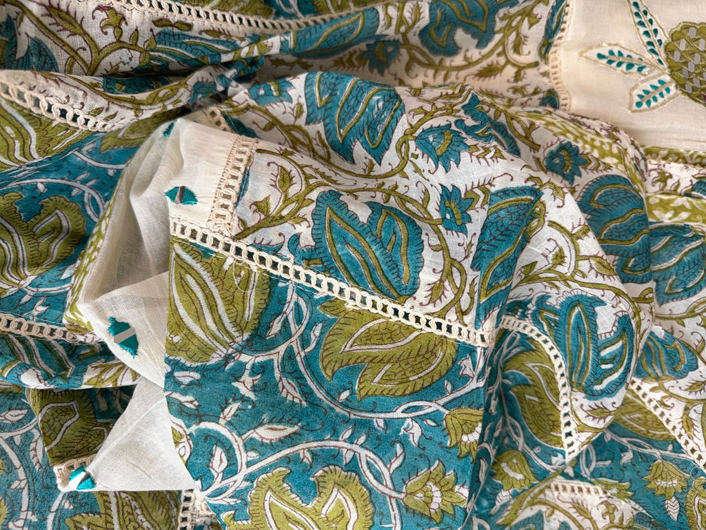 Elegant Turquoise Cotton Suit with Delicate Mirror Work