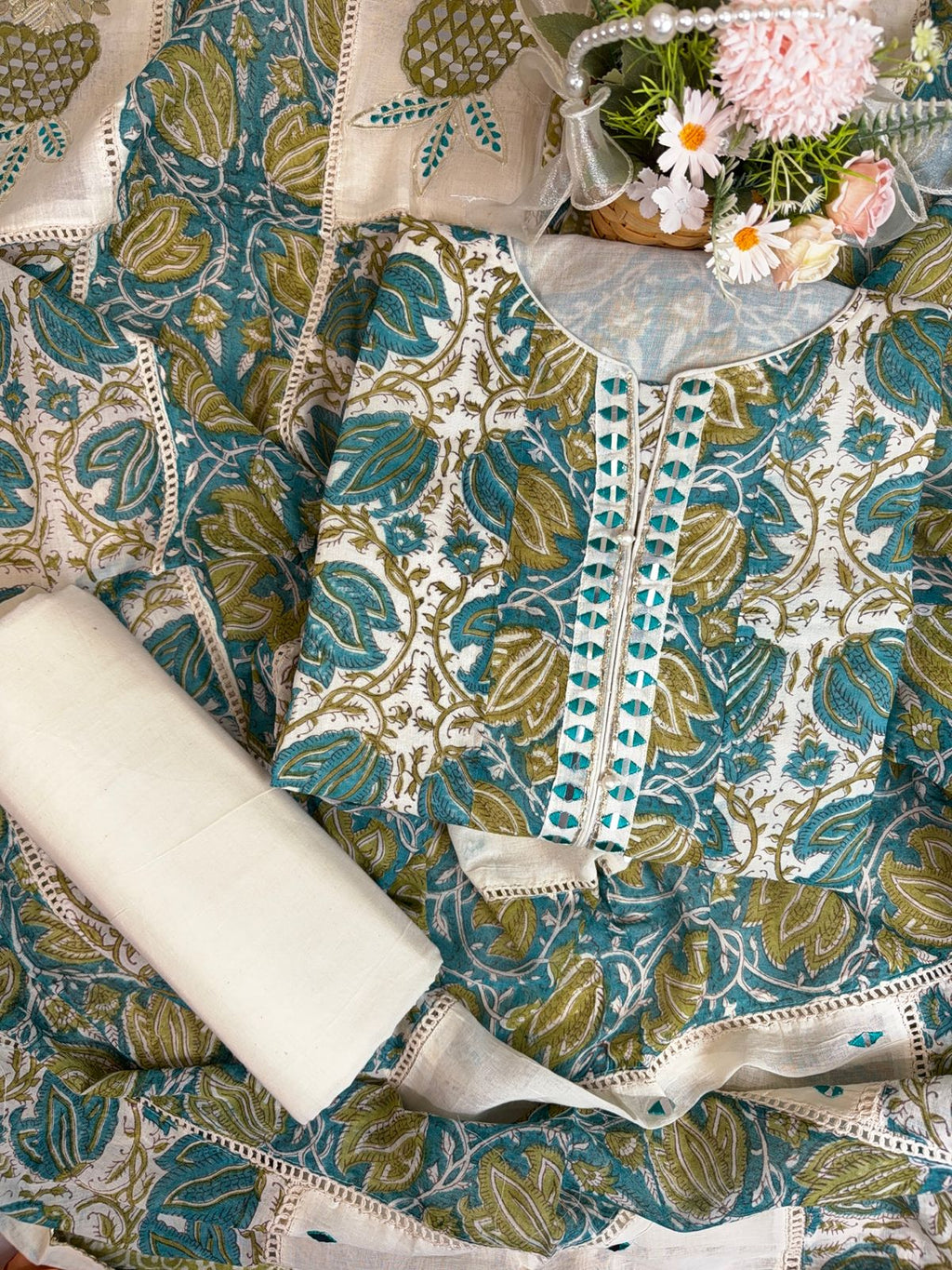 Elegant Turquoise Cotton Suit with Delicate Mirror Work