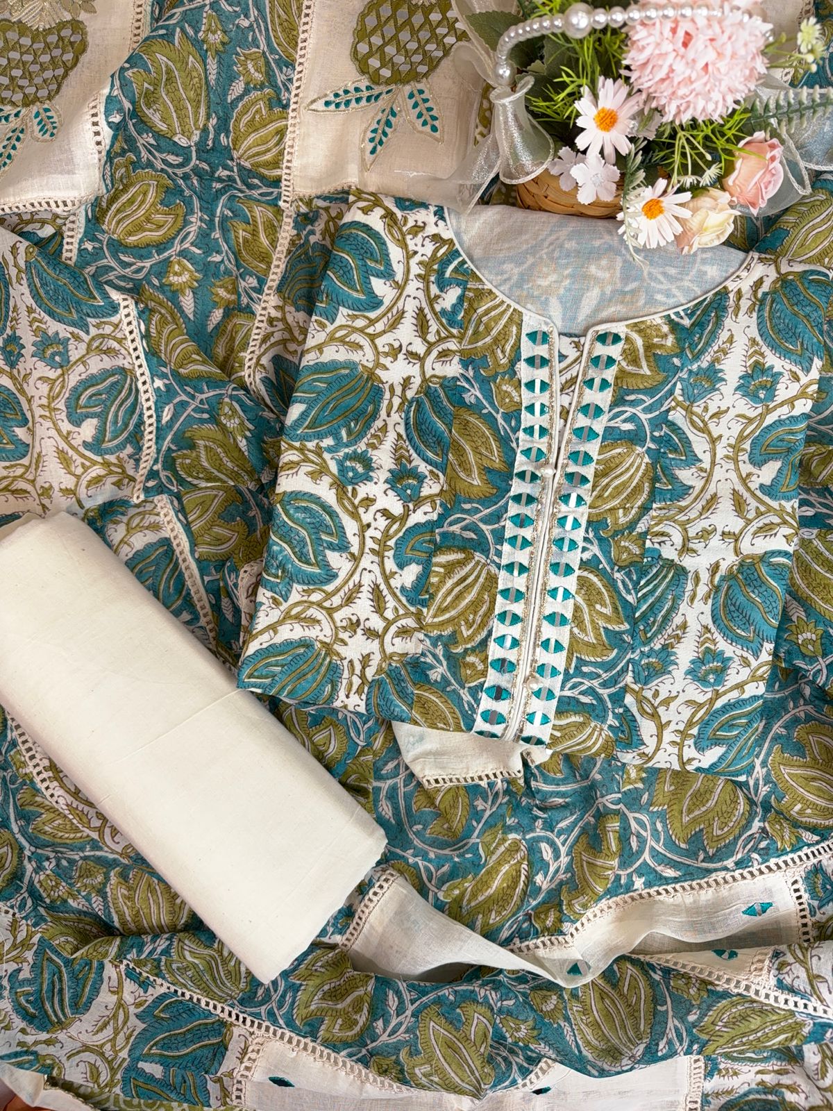Elegant Turquoise Cotton Suit with Delicate Mirror Work