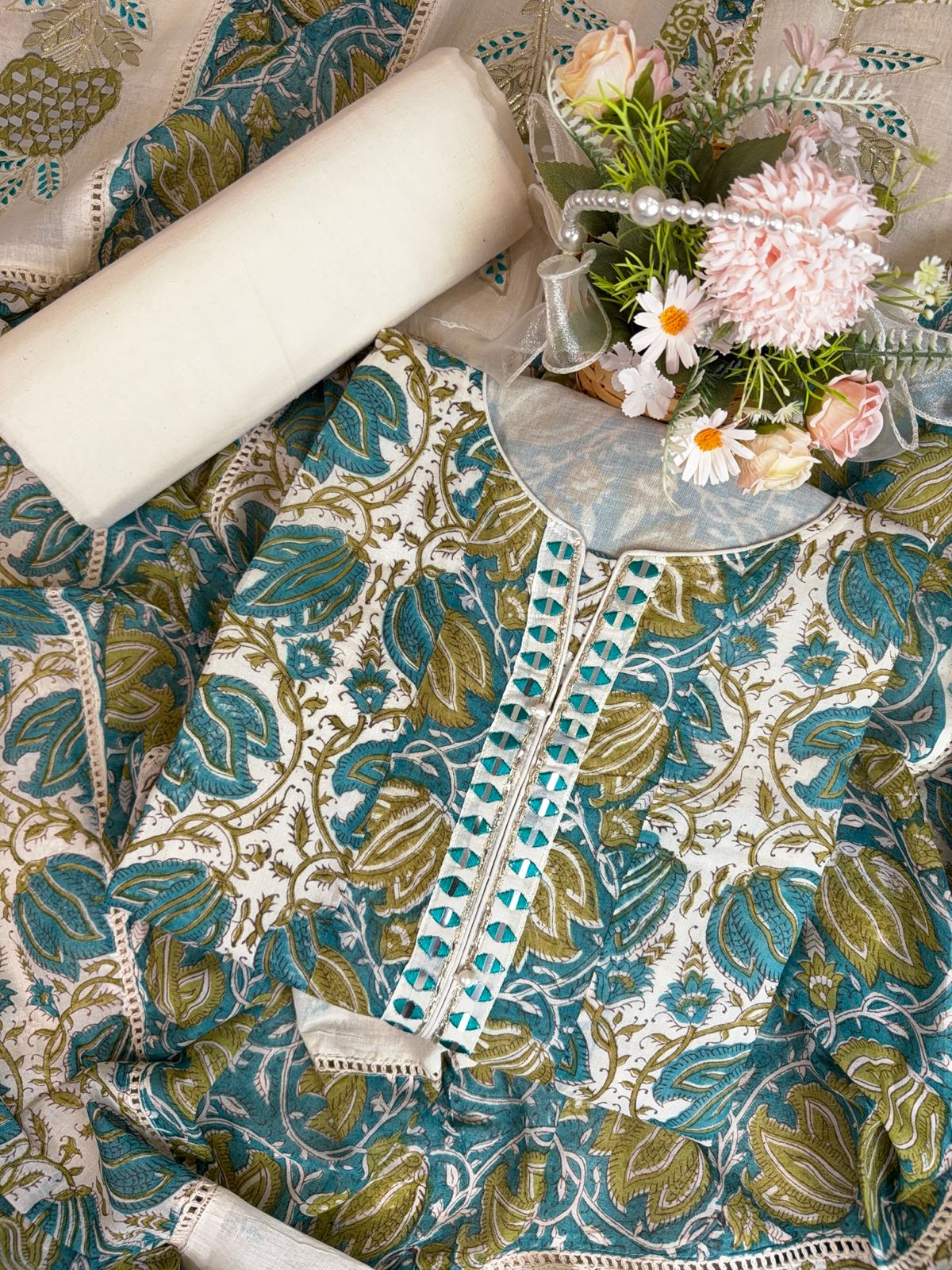 Elegant Turquoise Cotton Suit with Delicate Mirror Work