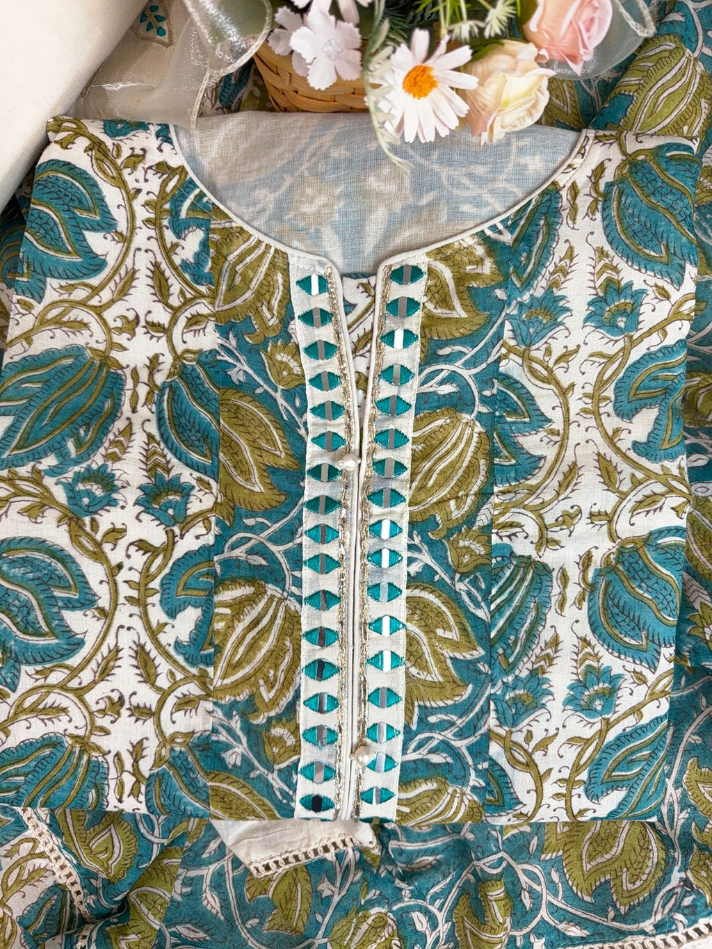 Elegant Turquoise Cotton Suit with Delicate Mirror Work