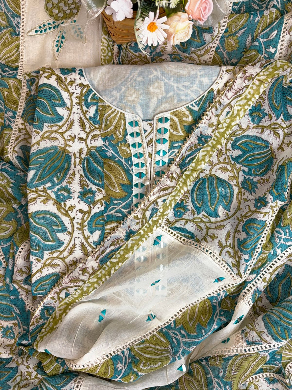 Elegant Turquoise Cotton Suit with Delicate Mirror Work