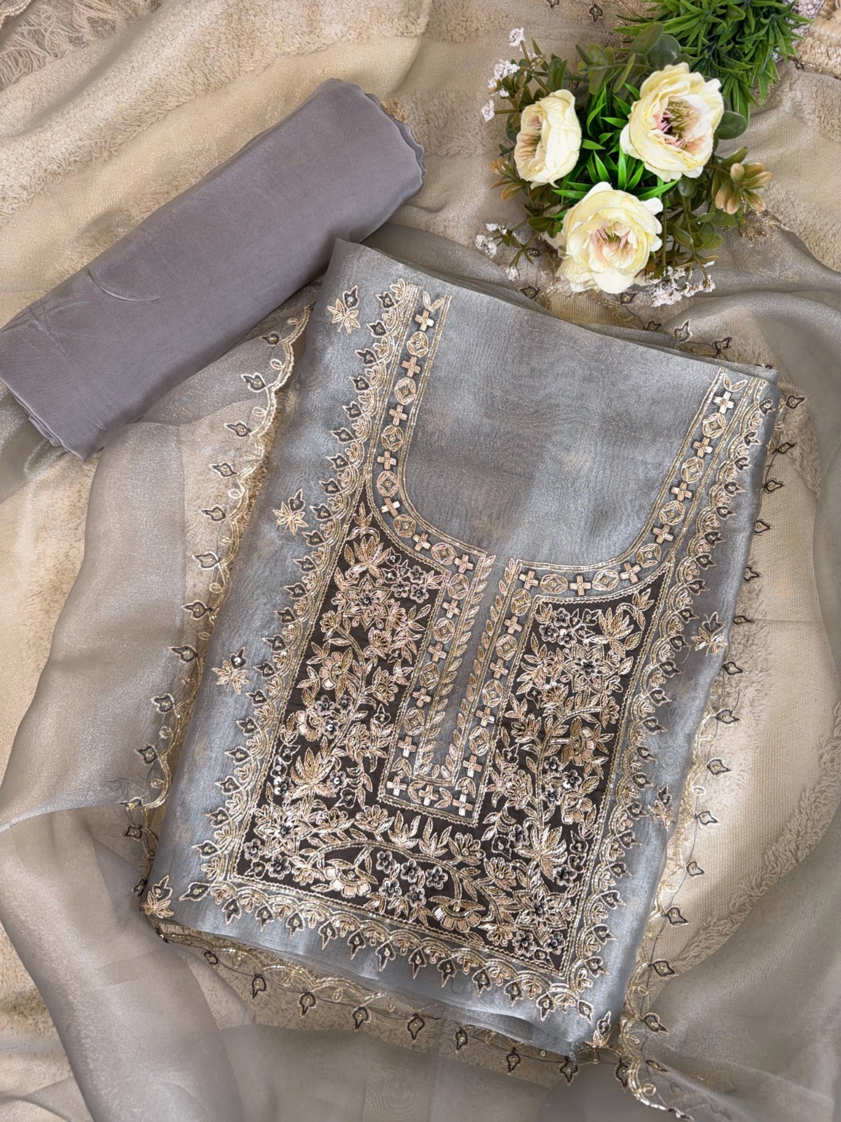 Refined Grey Glass Tissue Suit with Dabka, Crystal Embellishments and Patchwork