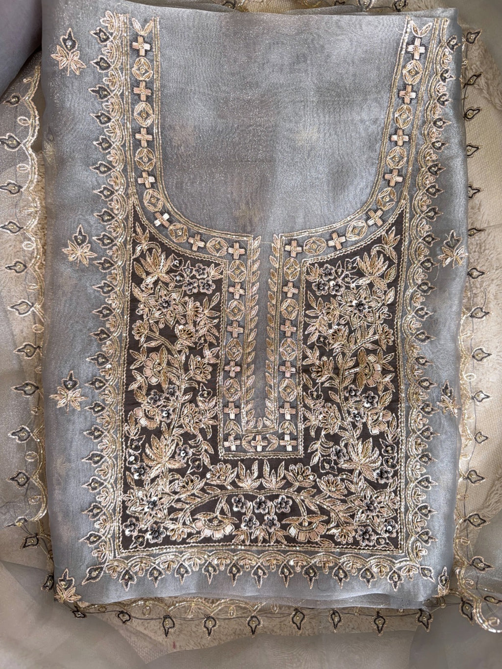 Refined Grey Glass Tissue Suit with Dabka, Crystal Embellishments and Patchwork