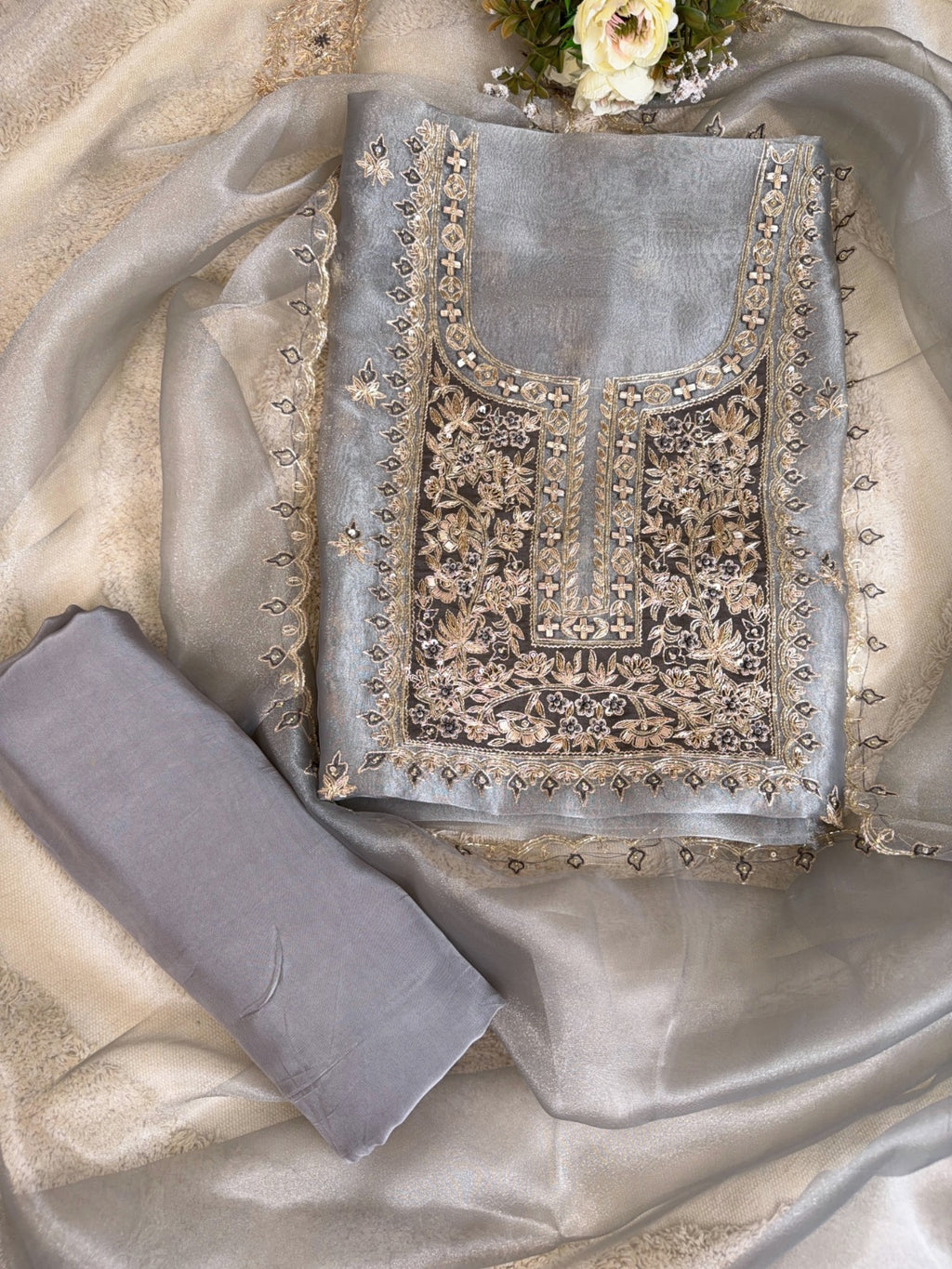 Refined Grey Glass Tissue Suit with Dabka, Crystal Embellishments and Patchwork