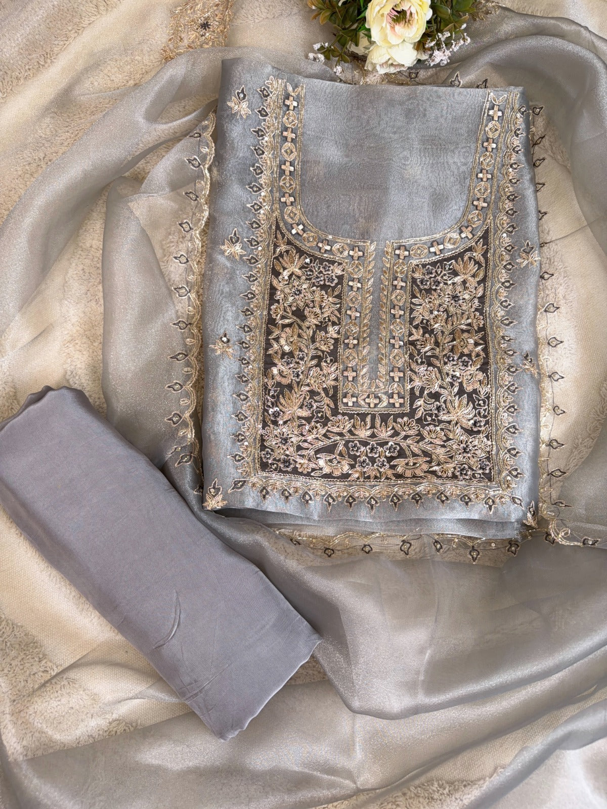 Refined Grey Glass Tissue Suit with Dabka, Crystal Embellishments and Patchwork