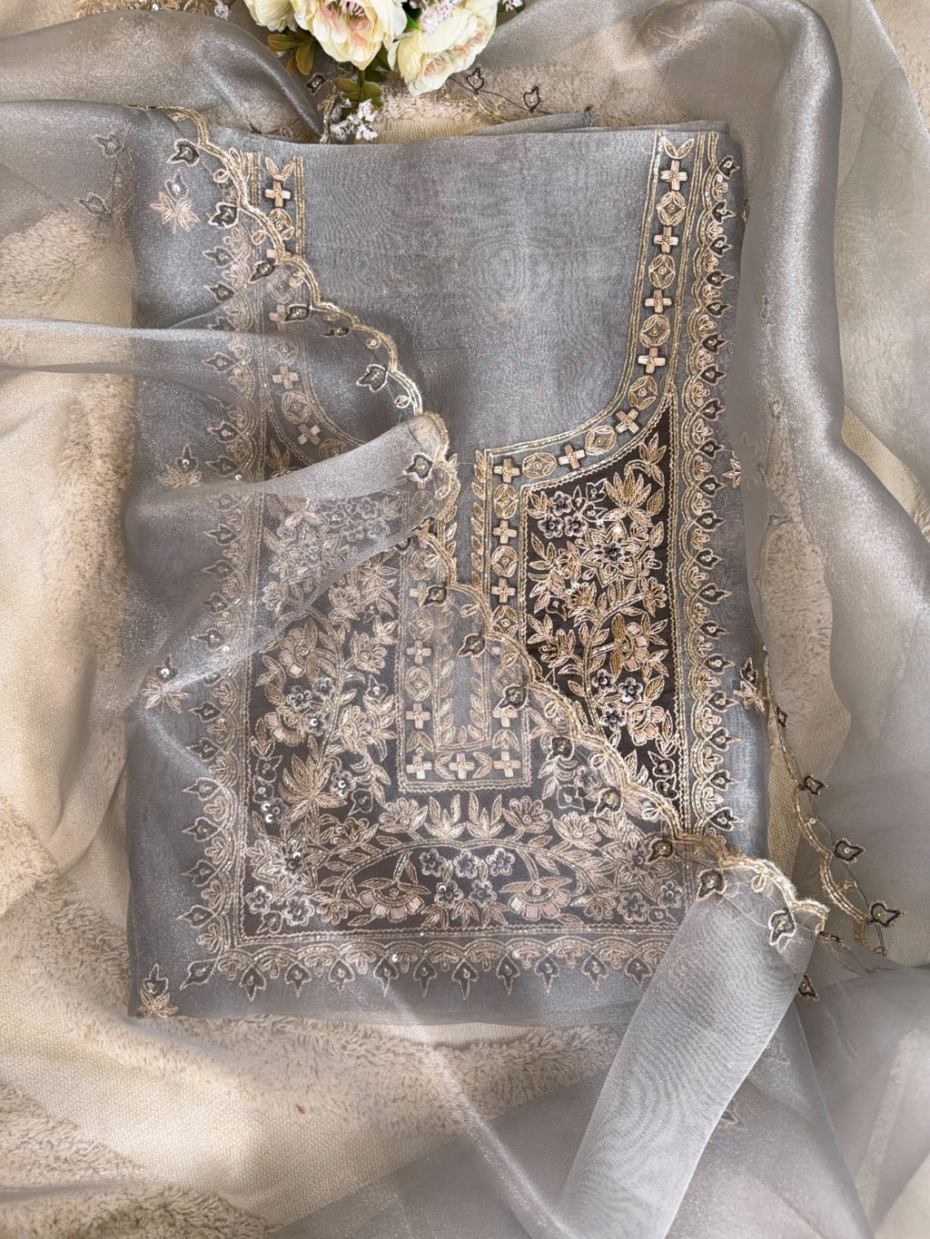 Refined Grey Glass Tissue Suit with Dabka, Crystal Embellishments and Patchwork