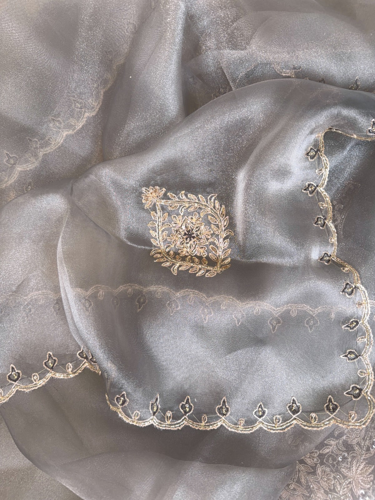 Refined Grey Glass Tissue Suit with Dabka, Crystal Embellishments and Patchwork