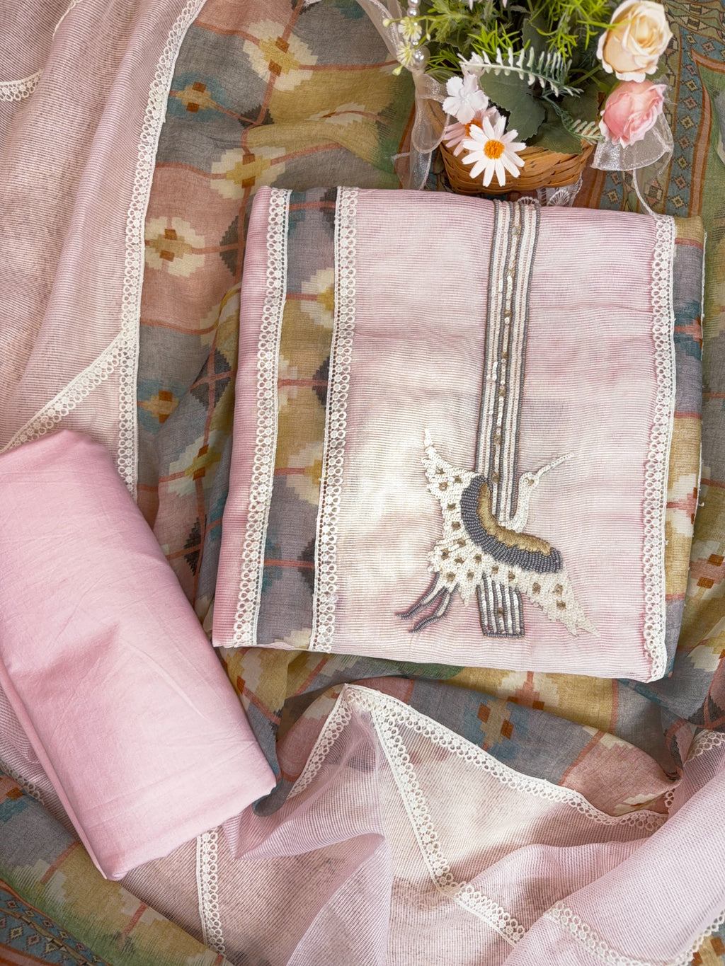 Elegant Pink Dori Cotton Suit with Sequins, Pearls and Digital Patch Work