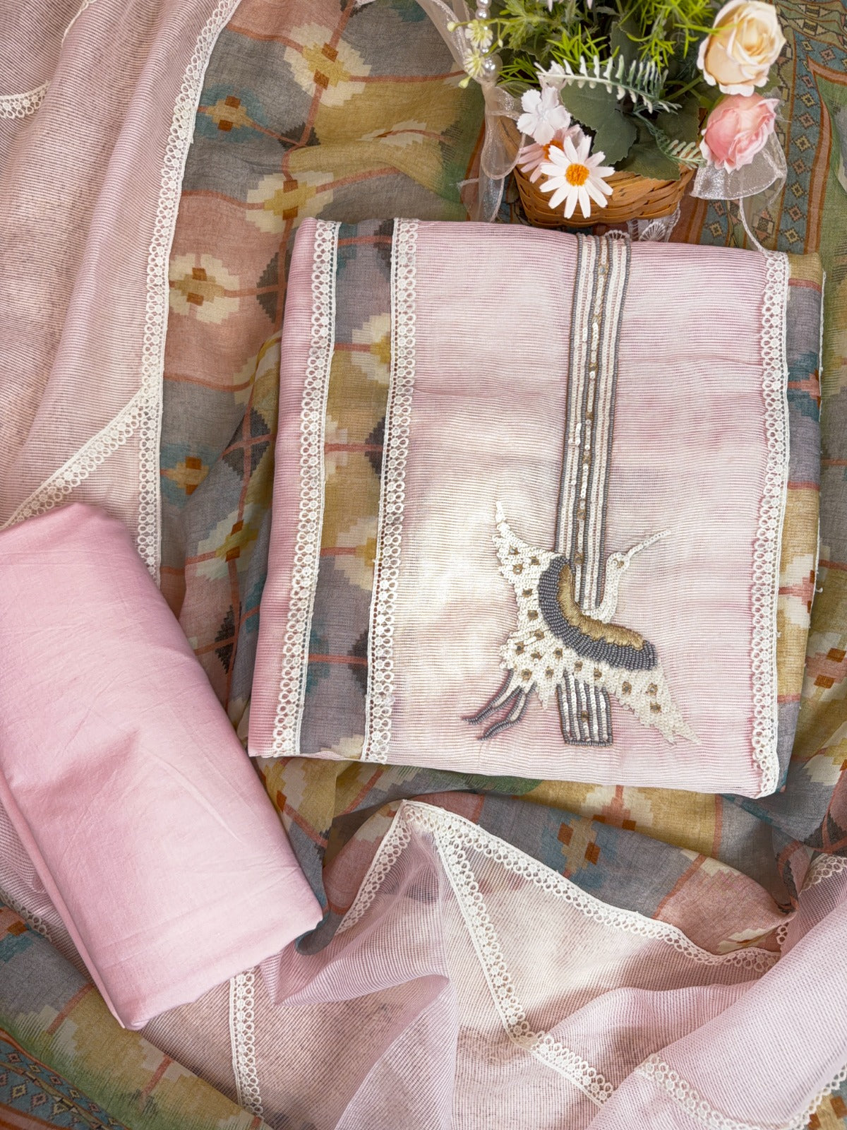Elegant Pink Dori Cotton Suit with Sequins, Pearls and Digital Patch Work