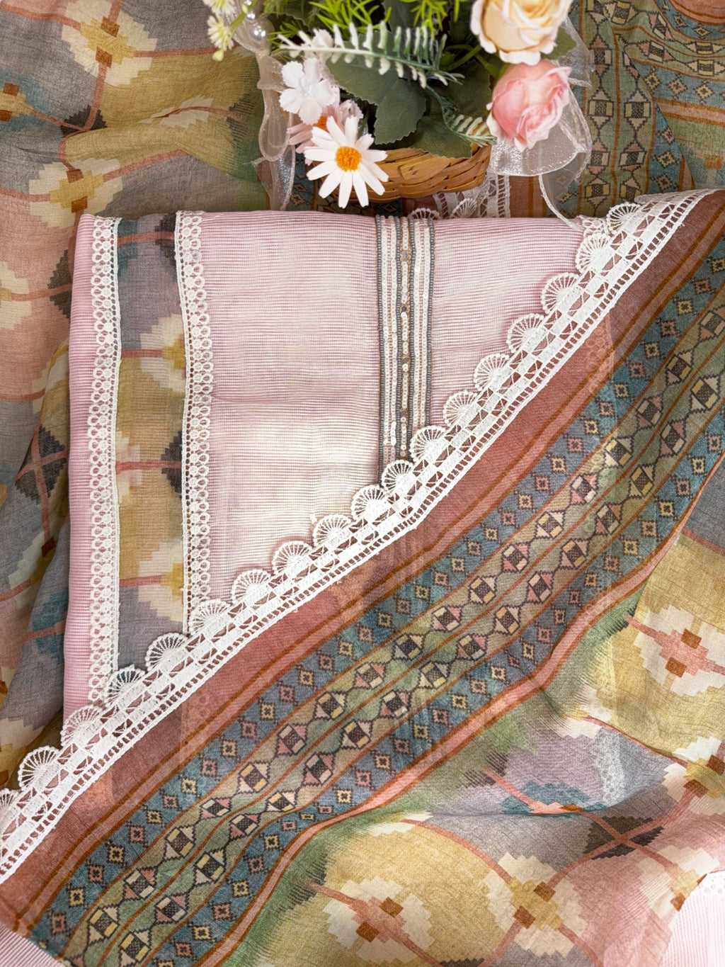 Elegant Pink Dori Cotton Suit with Sequins, Pearls and Digital Patch Work