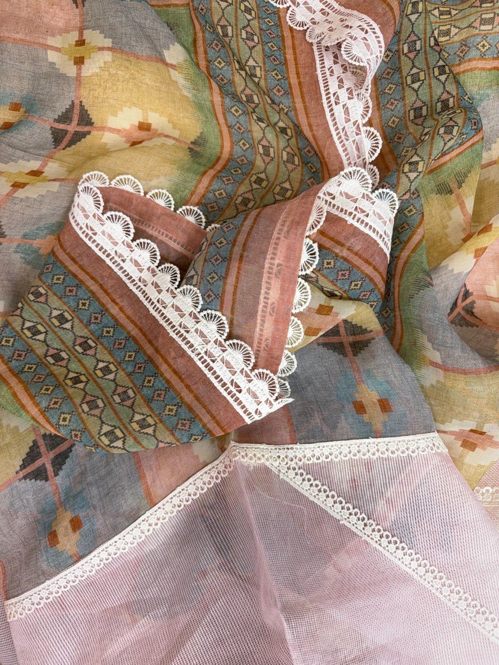 Elegant Pink Dori Cotton Suit with Sequins, Pearls and Digital Patch Work