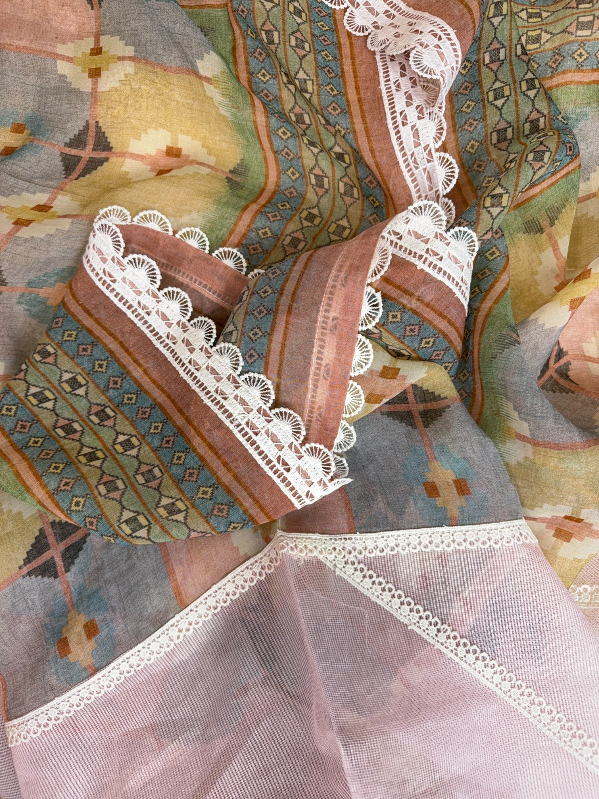 Elegant Pink Dori Cotton Suit with Sequins, Pearls and Digital Patch Work