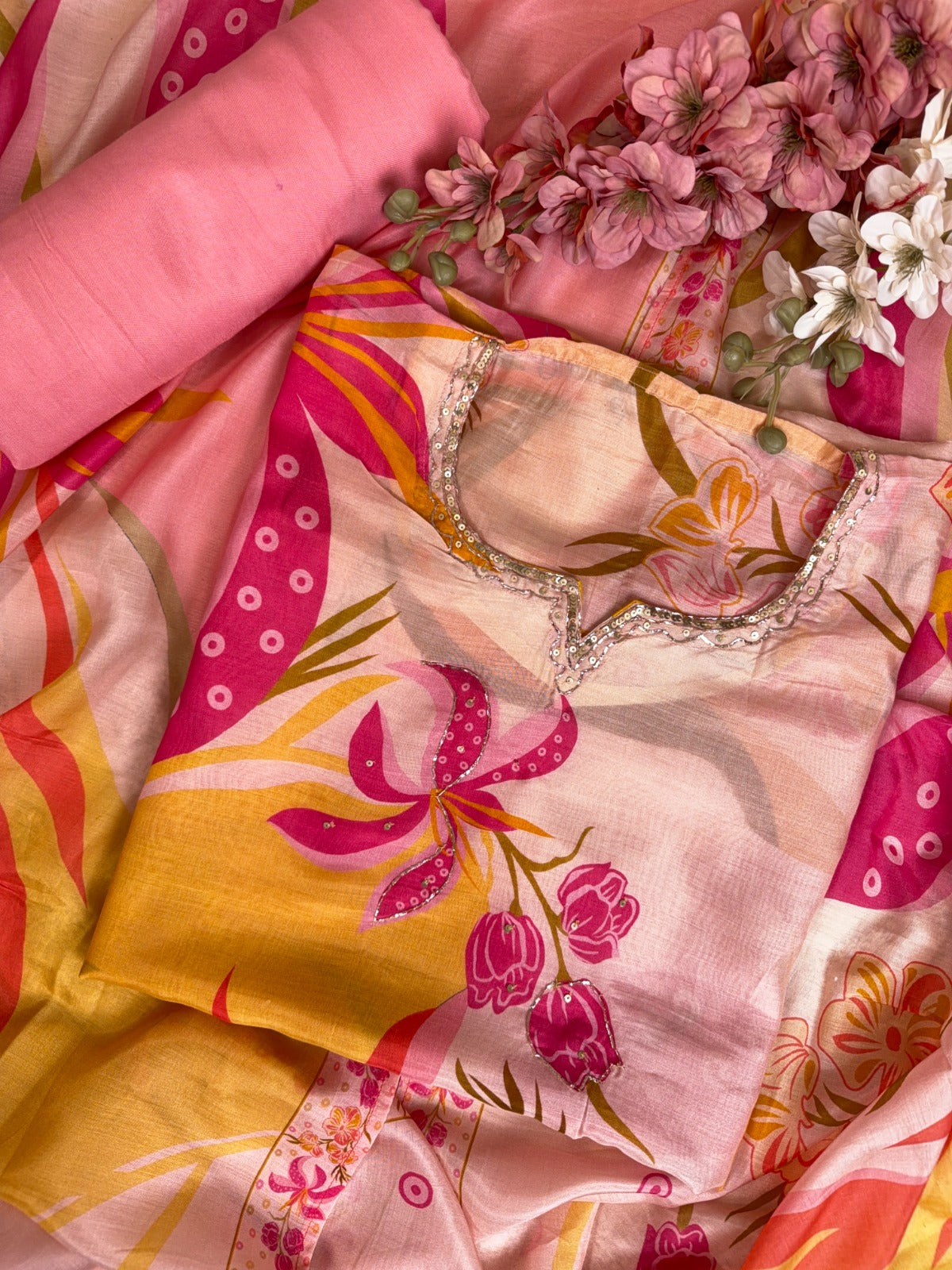 Luxurious Peach Muslin Suit with Multi Digital Print