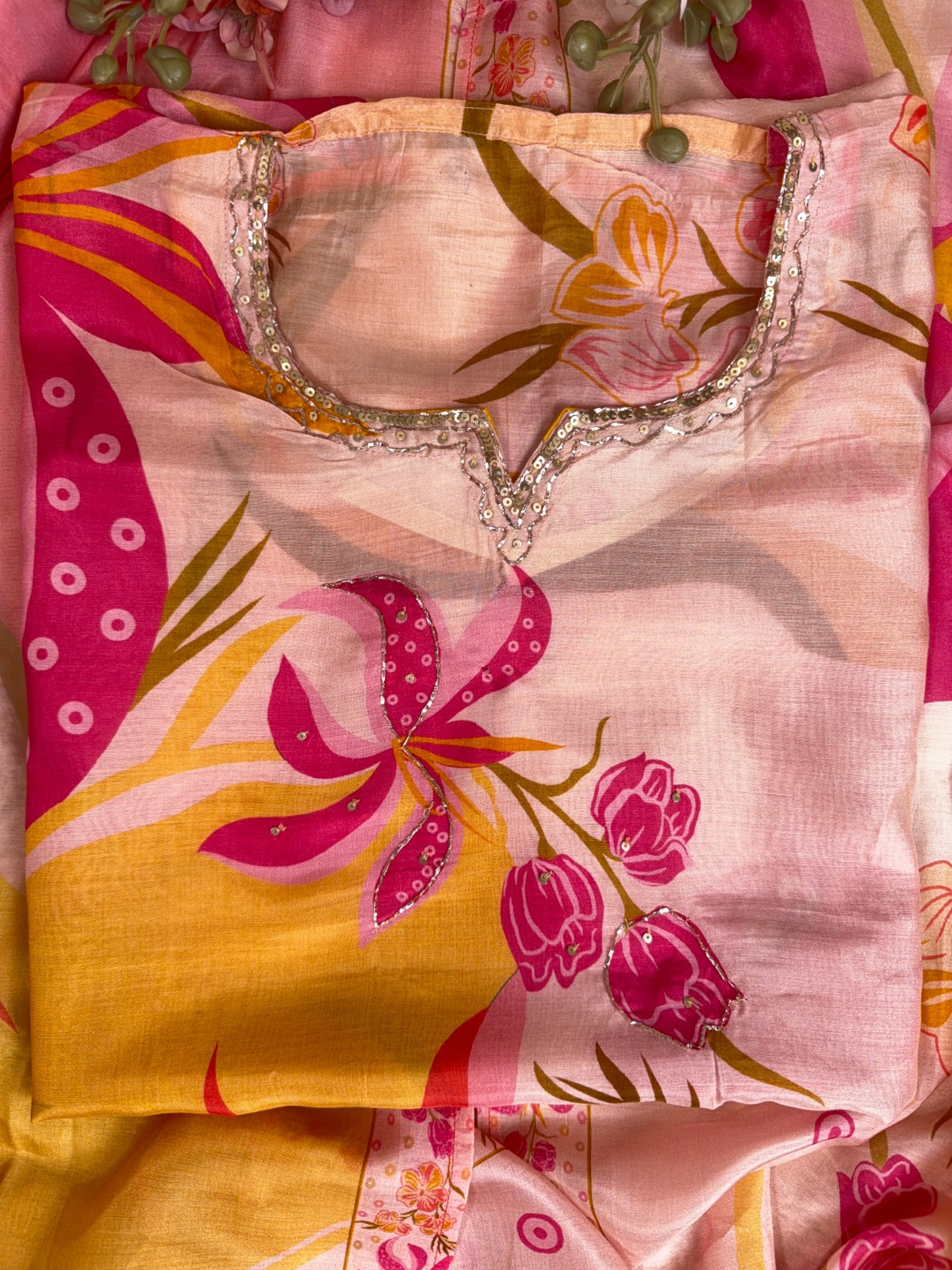 Luxurious Peach Muslin Suit with Multi Digital Print