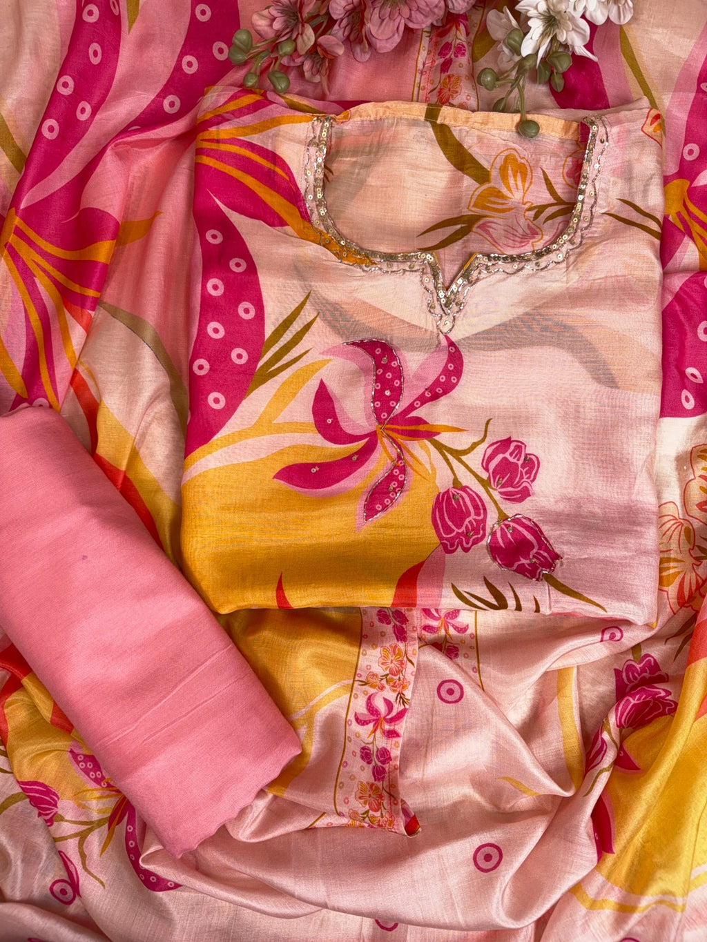 Luxurious Peach Muslin Suit with Multi Digital Print