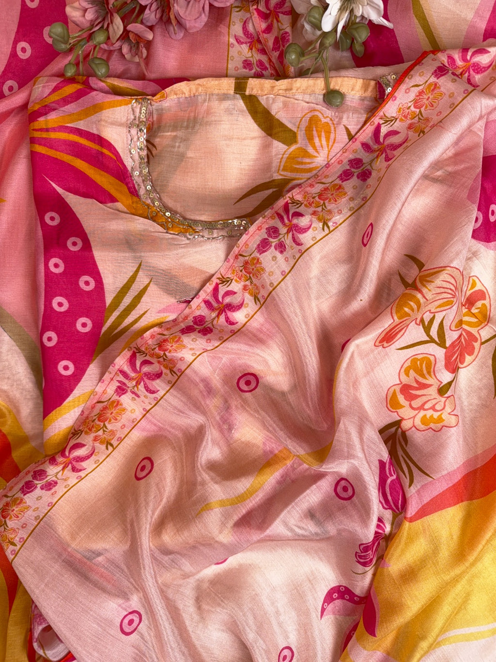Luxurious Peach Muslin Suit with Multi Digital Print