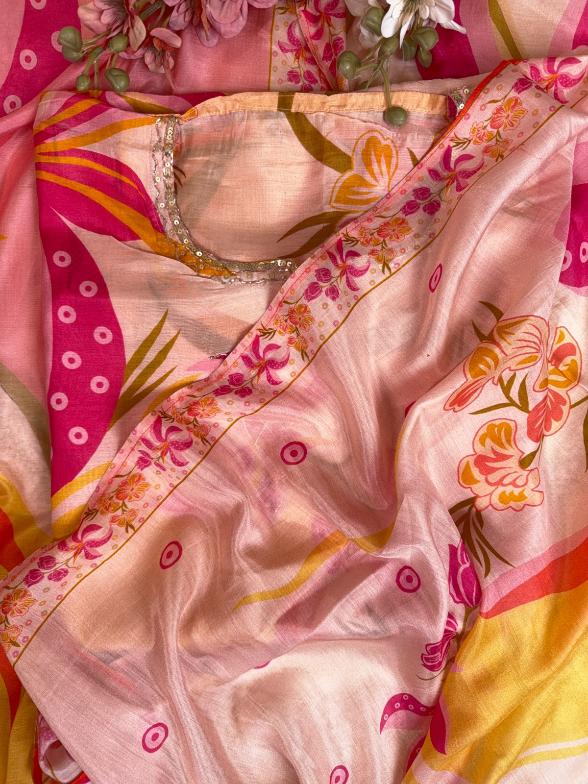 Luxurious Peach Muslin Suit with Multi Digital Print