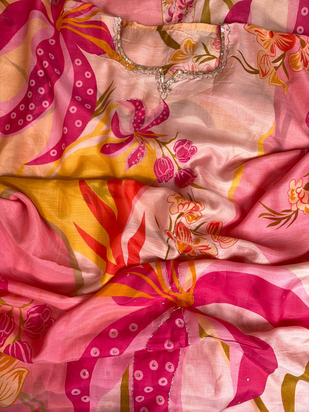 Luxurious Peach Muslin Suit with Multi Digital Print