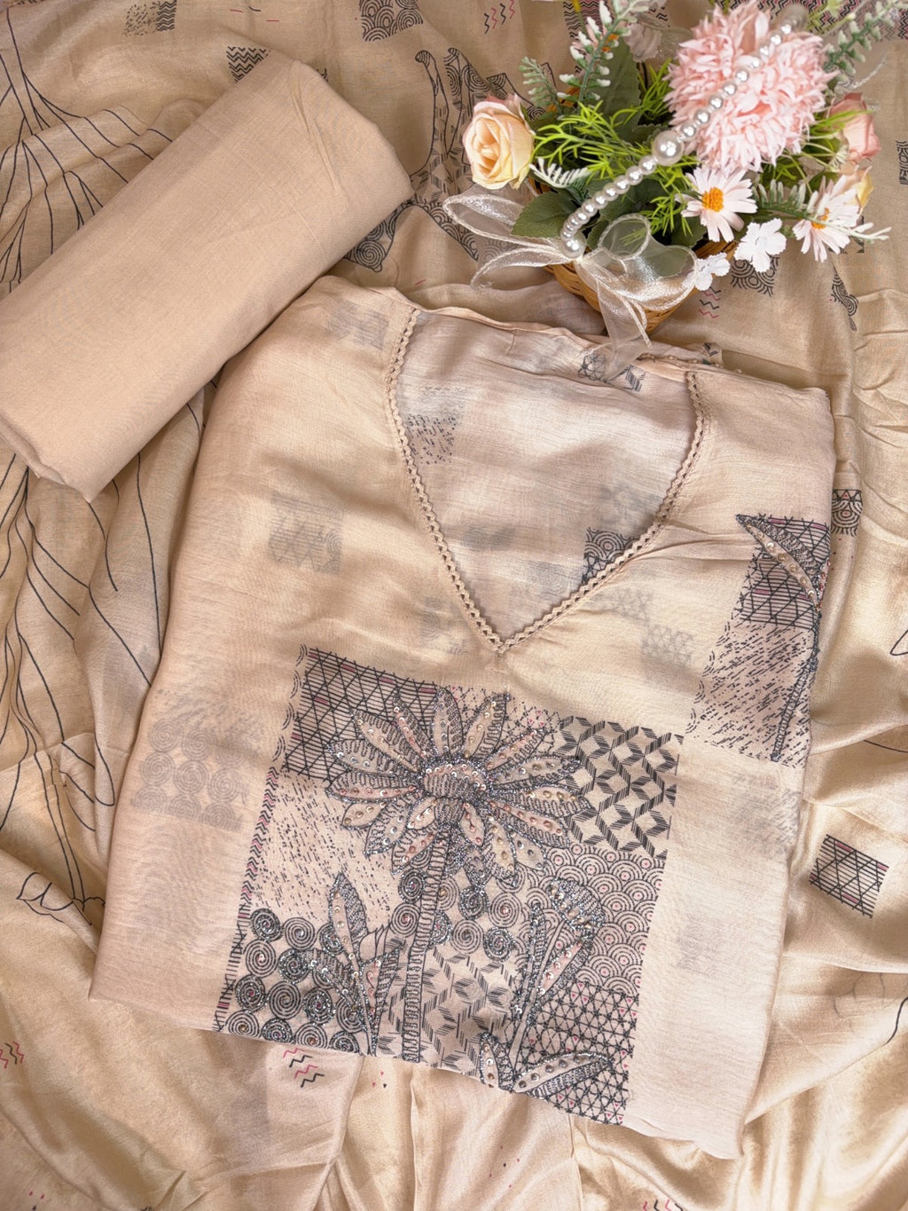 Elegant Beige Muslin Suit with Sequins, Knots and Digital Print
