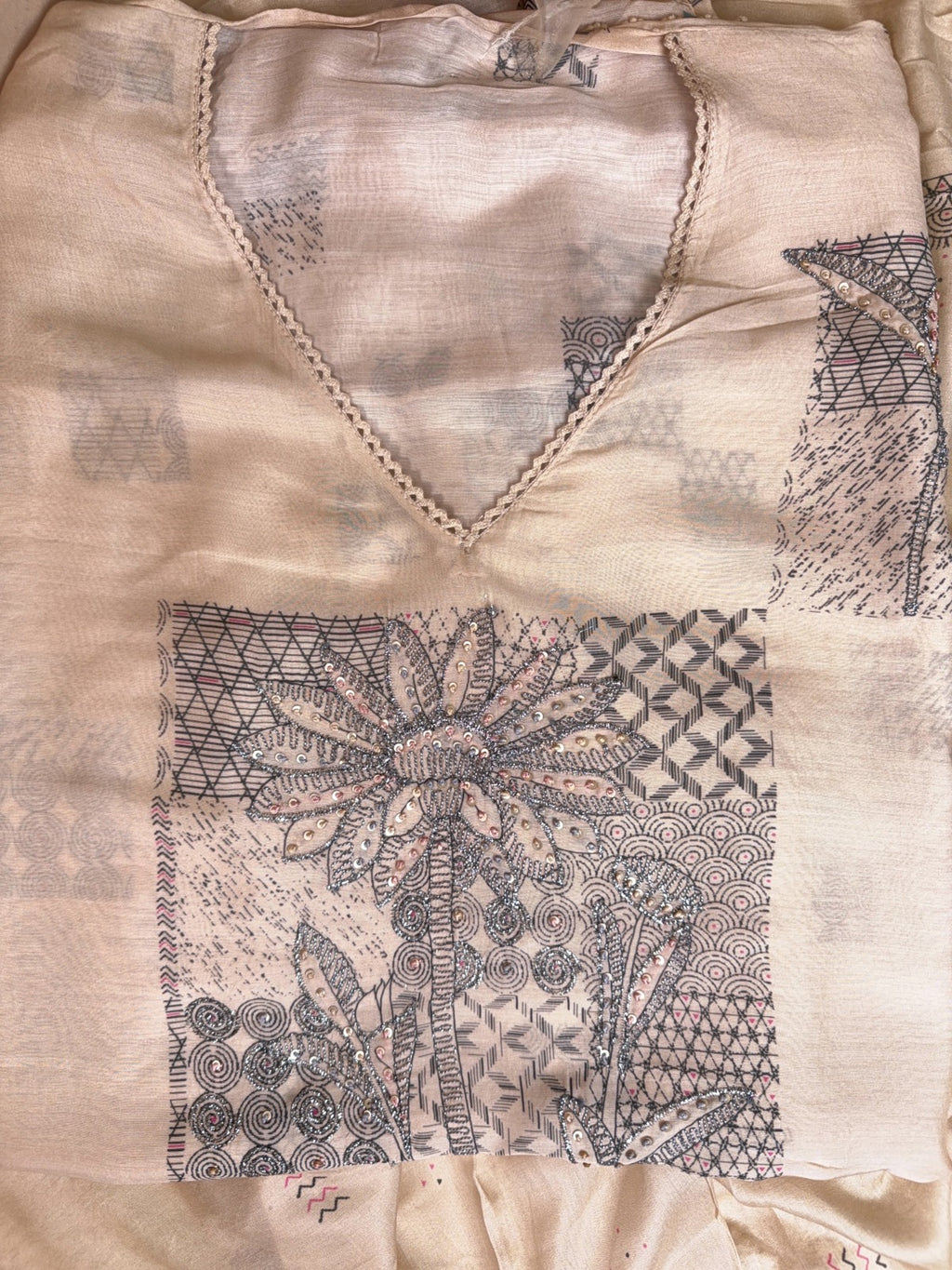 Elegant Beige Muslin Suit with Sequins, Knots and Digital Print