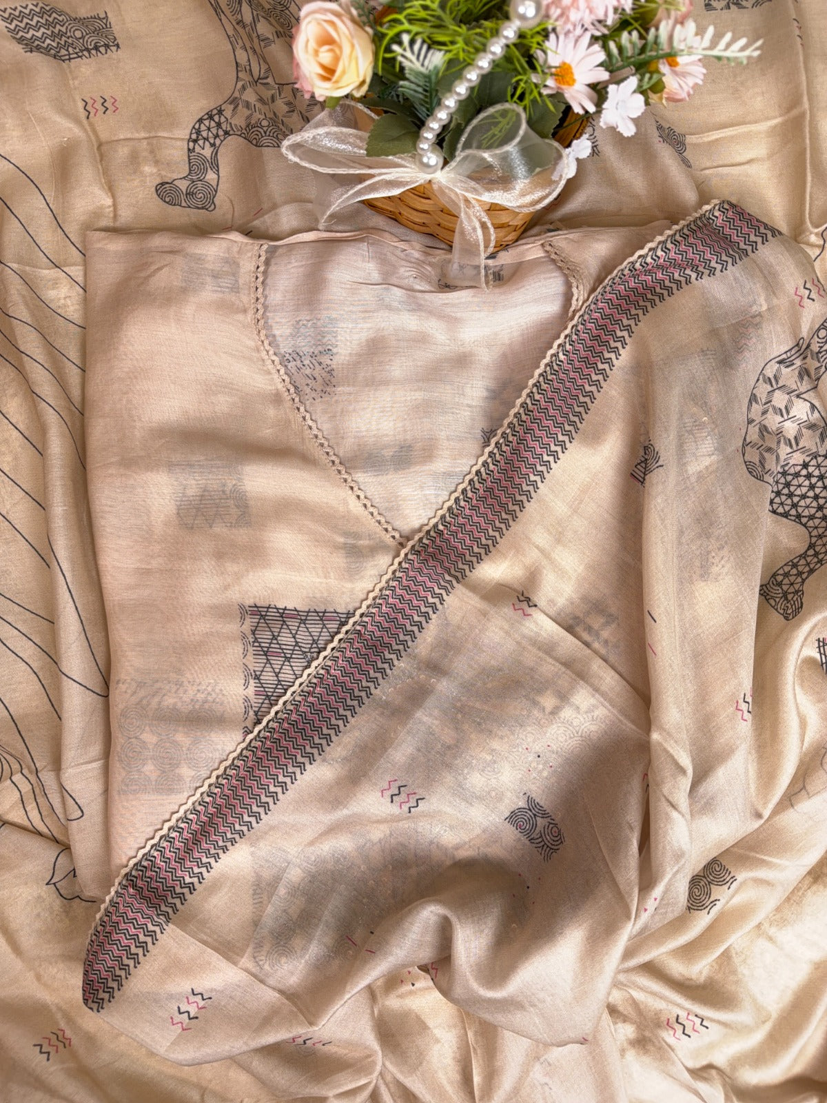 Elegant Beige Muslin Suit with Sequins, Knots and Digital Print