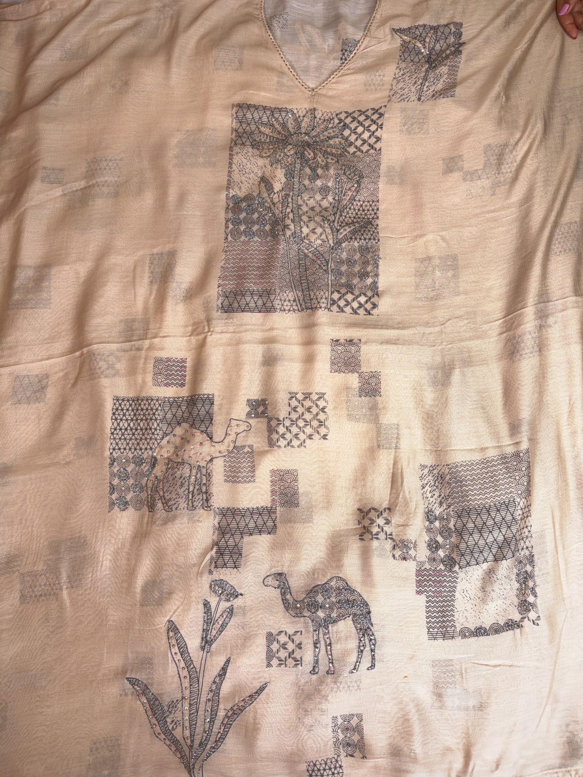Elegant Beige Muslin Suit with Sequins, Knots and Digital Print