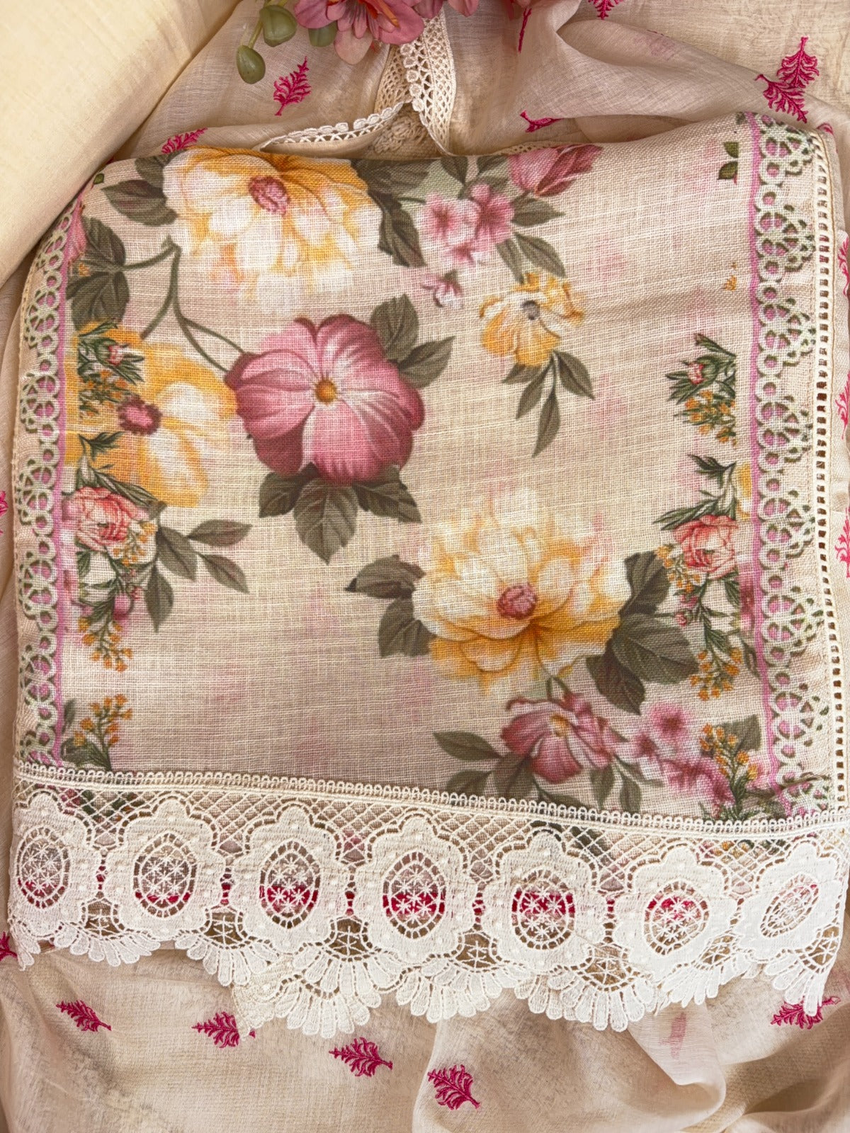 Elegant Linen Cotton Suit with Digital Print, Lace and Thread Work