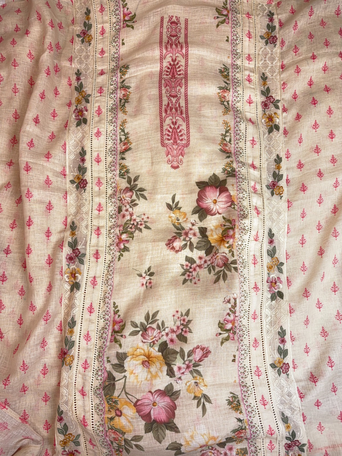 Elegant Linen Cotton Suit with Digital Print, Lace and Thread Work