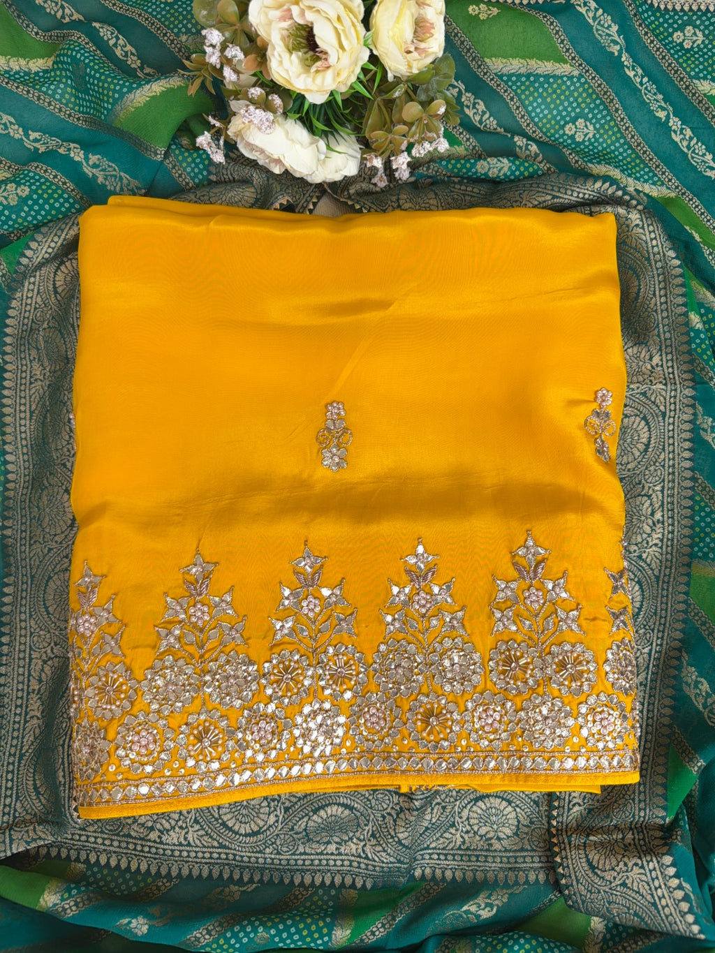 Elegant Yellow Crepe Suit with Gotta Patti Work and Banarasi Gharchola Dupatta